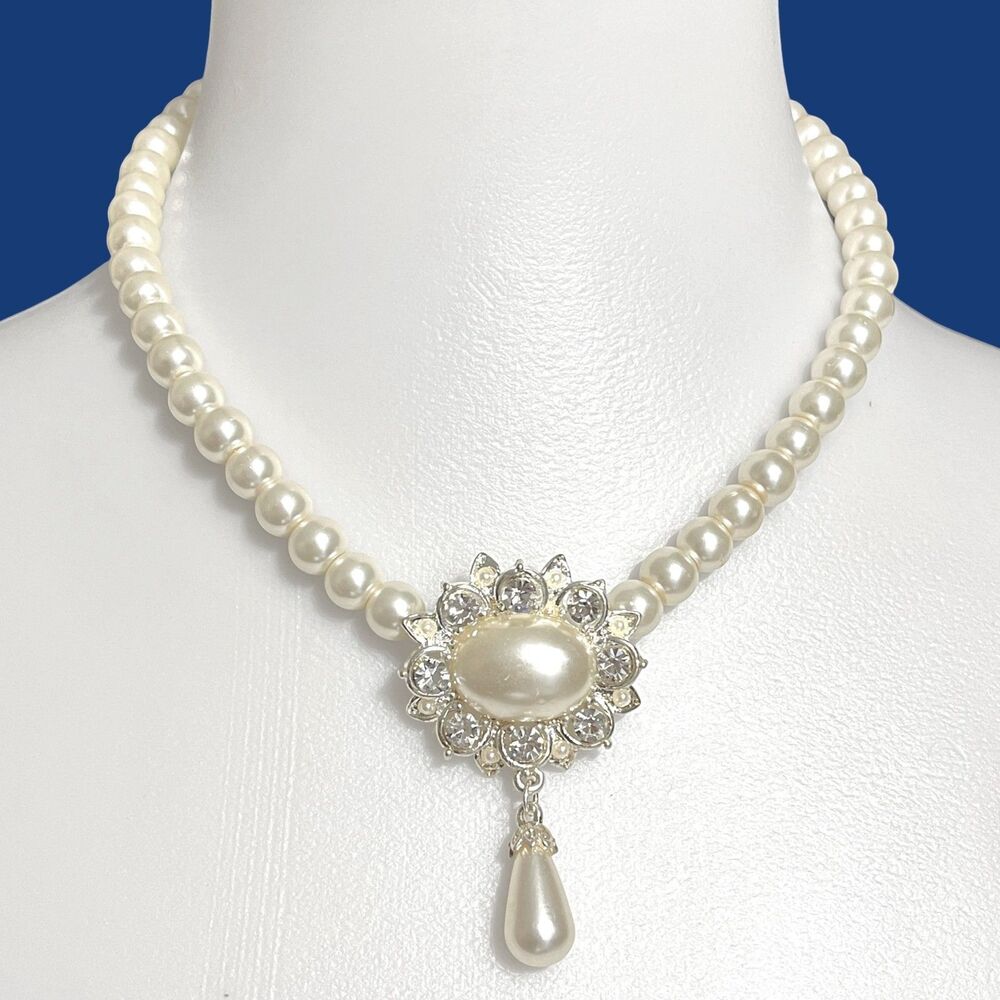 VTG Rhinestone Flower Pendant Necklace Y Drop Imitation Pearl Bead Lavalier Prom